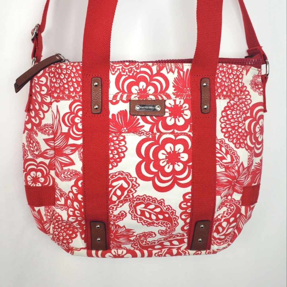 Franco Sarto Red Floral Cotton Travel Crossbody Bag